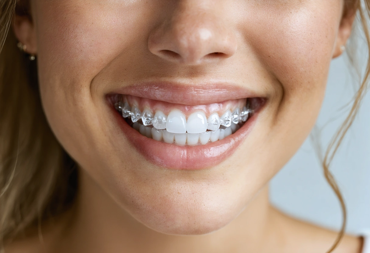 Close-up of a healthy adult smile with clear dental aligners