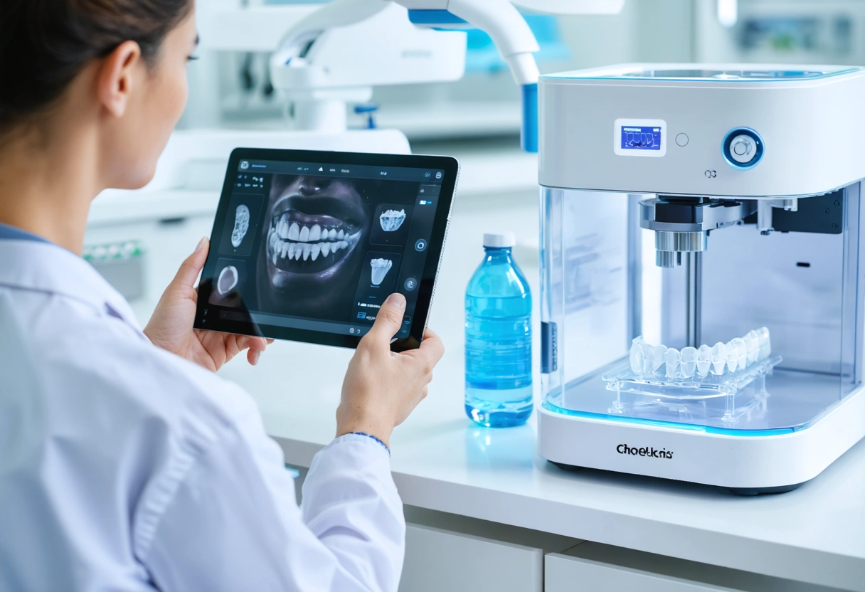 Orthodontist reviewing a virtual consultation on a tablet beside a 3D printer producing a dental aligner