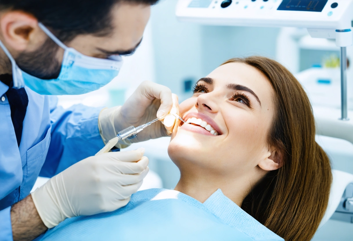 A bright, modern dental office with a patient undergoing teeth whitening. The dentist uses advanced