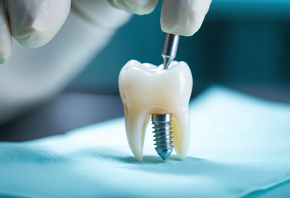 A close-up of a dental implant made of zirconia, held by a dentist in gloves,