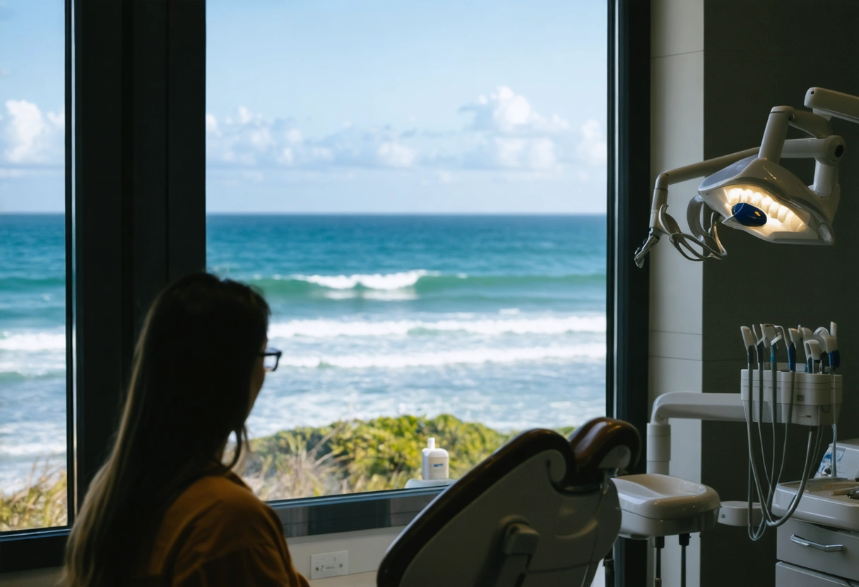Coastal dental practice with ocean view, patient feeling relaxed.