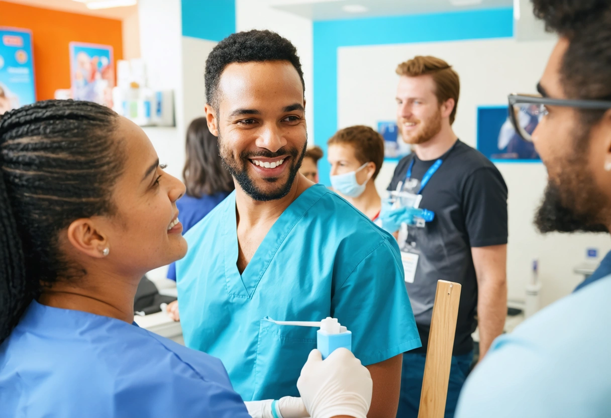 Community event at dental clinic with free check-ups and seminars