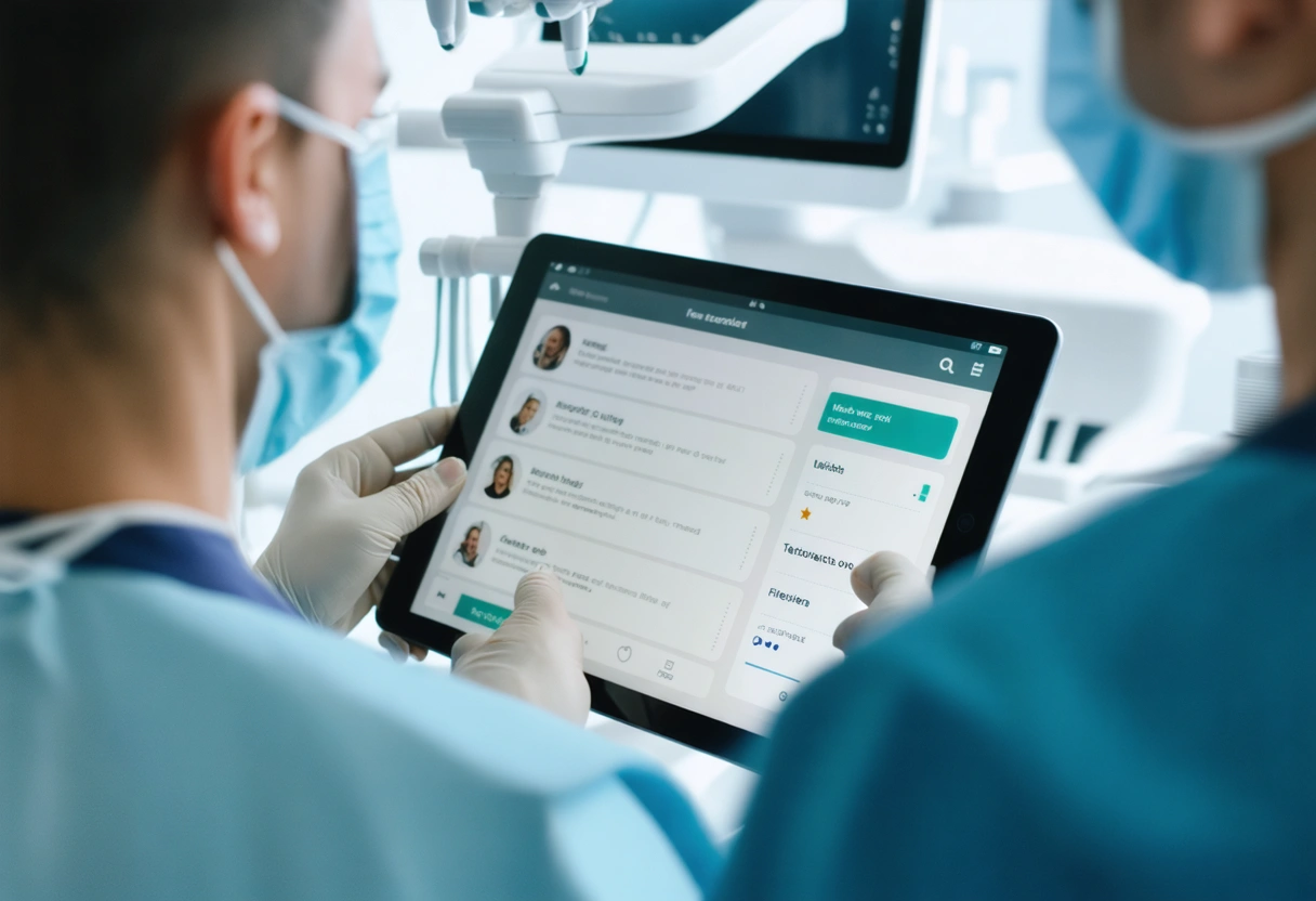 Patients using tablets for feedback at dental clinic