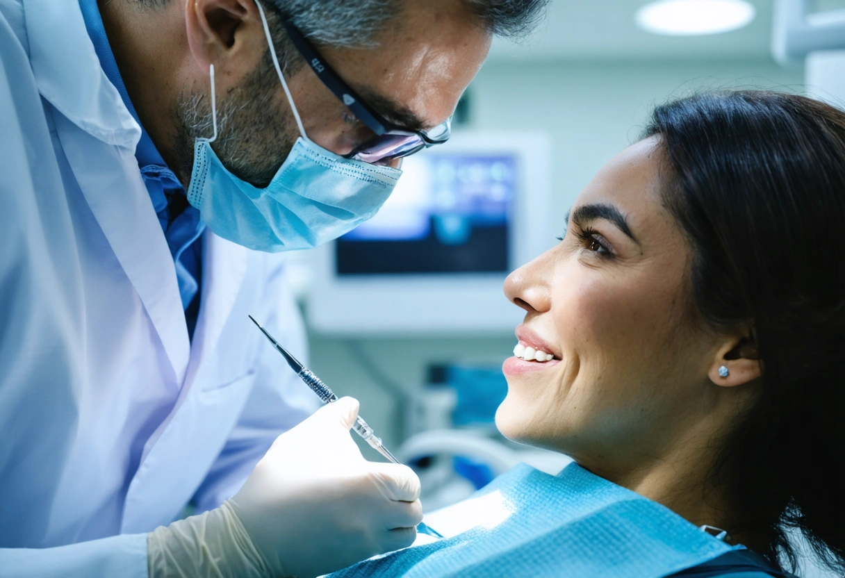 Dentist consulting patient in high-tech, calm dental office