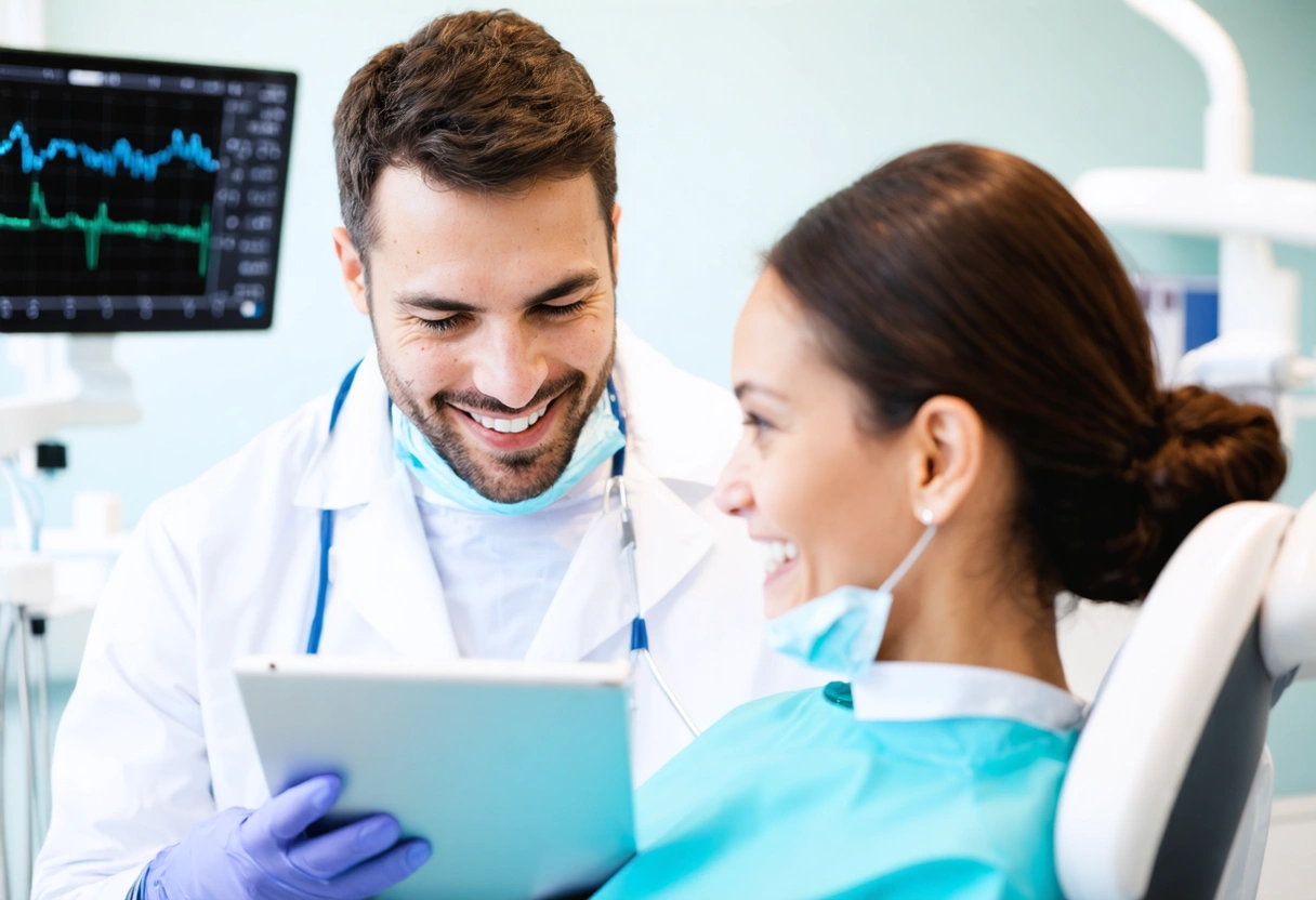 A dentist showing a patient educational materials on a tablet, patient engaged and smiling, bright