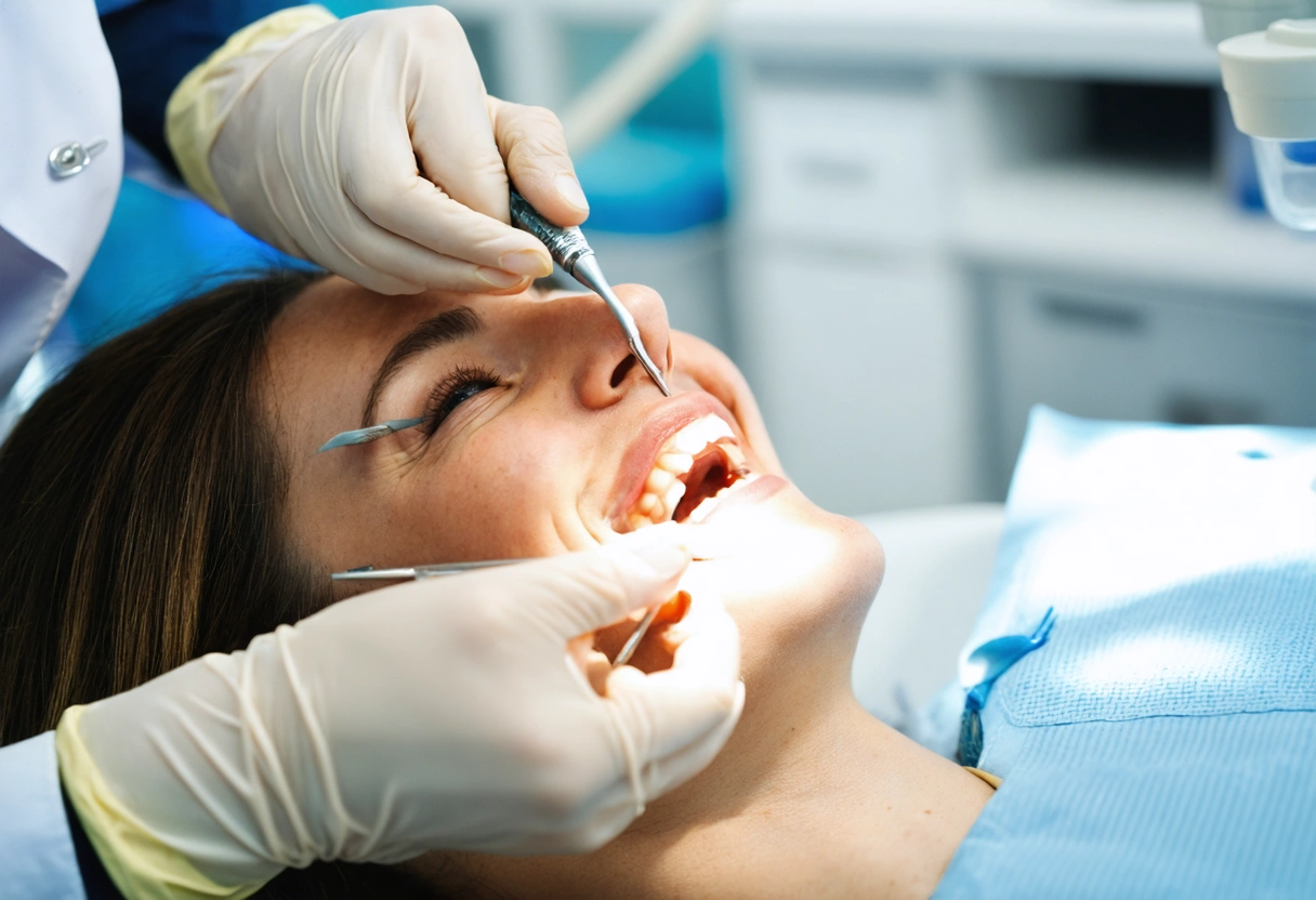 A dentist using minimally invasive tools on a patient, close-up of hands and tools, patient
