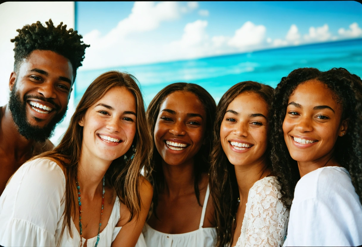 Diverse group smiling with clear aligners in bright dental studio
