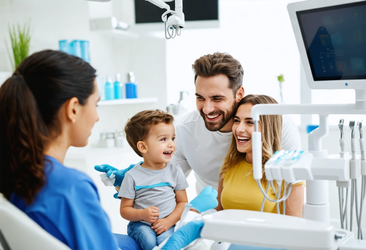 A family gathered in a modern dental office, discussing a comprehensive oral health plan with