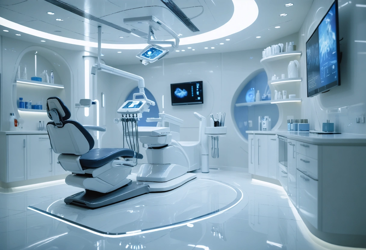 A futuristic dental office with advanced technology on display. A dentist uses AI tools for