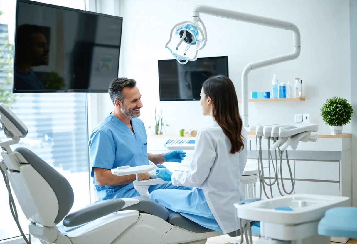 Futuristic dental studio, dentist and patient discussing holistic health.