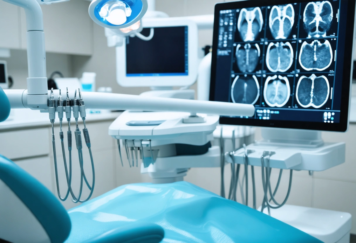 Modern dental clinic with digital X-rays, dentist using laser tool.