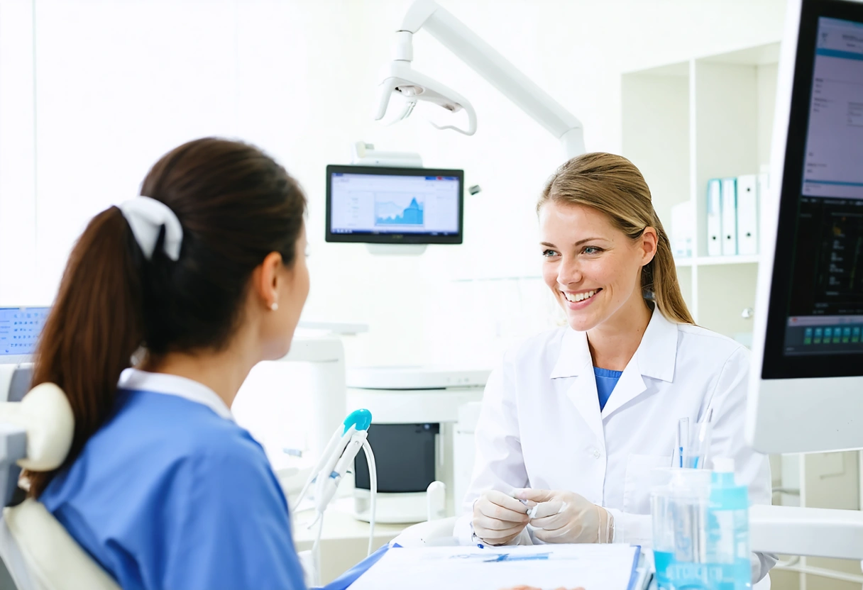 A patient and dentist discussing a personalized dental plan in a bright, welcoming office. The