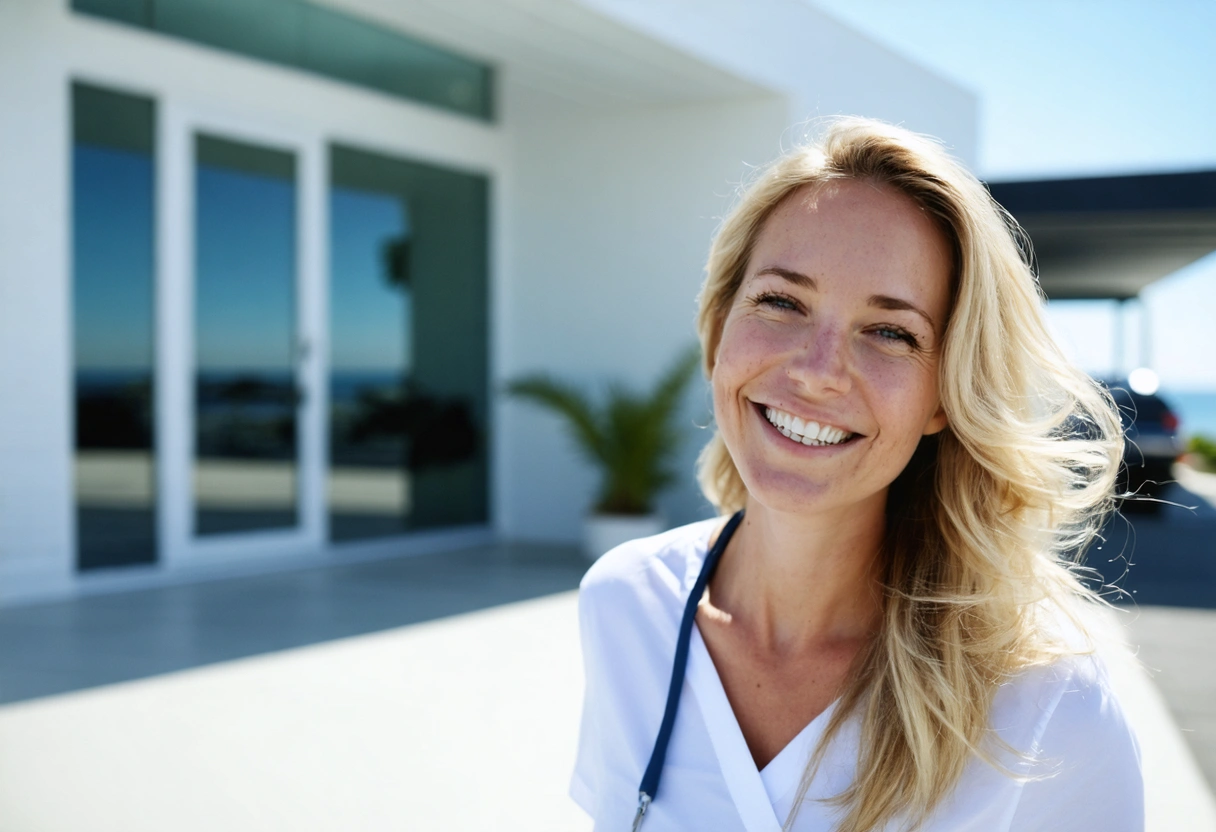 A patient with a bright smile leaving a dental studio, sunny day, modern building with