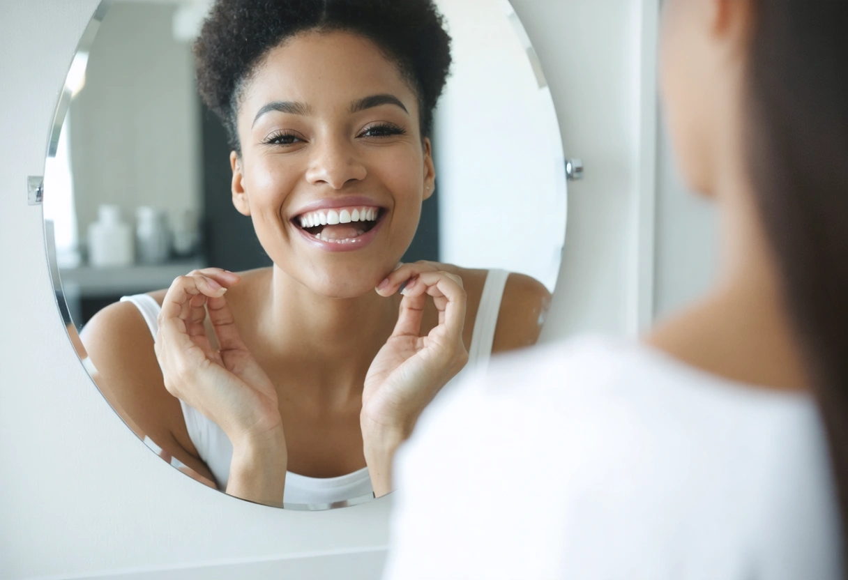 A person admiring their smile in a mirror after cosmetic dentistry. The setting is a