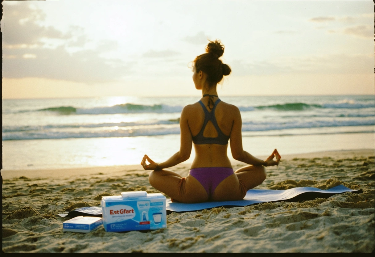 Person doing yoga on beach, dental kit symbolizing oral care.
