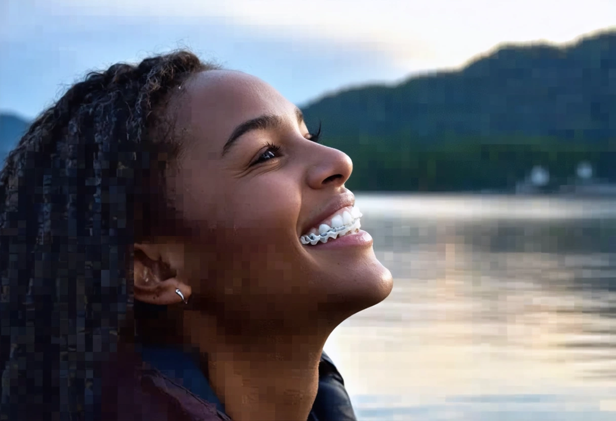 Person smiling with clear aligners in tranquil setting