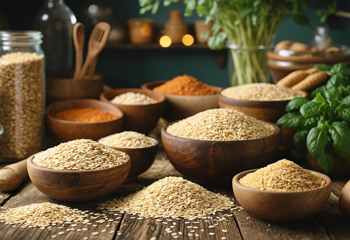 A rustic kitchen scene with whole grains like oats and quinoa displayed, emphasizing their contribution