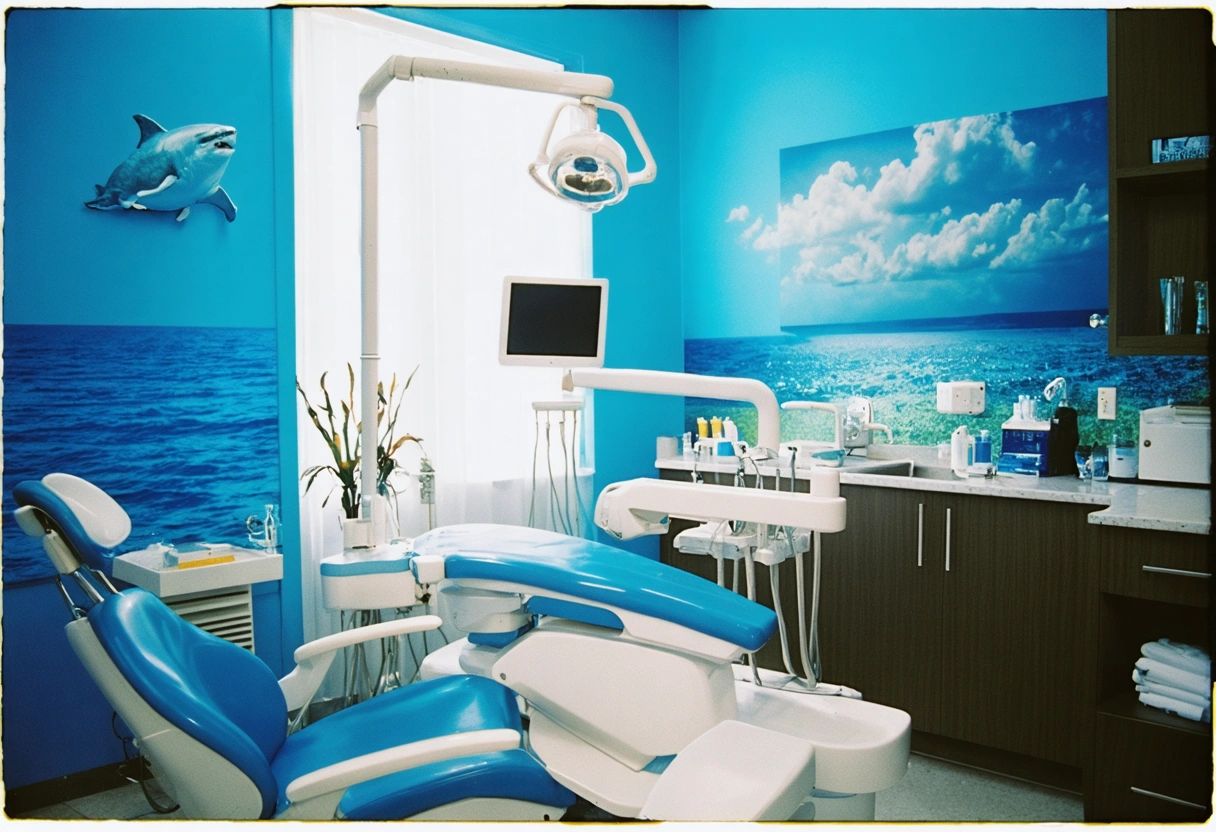 Ocean-themed dental clinic with calming decor, dentist discussing oral health with a relaxed patient.