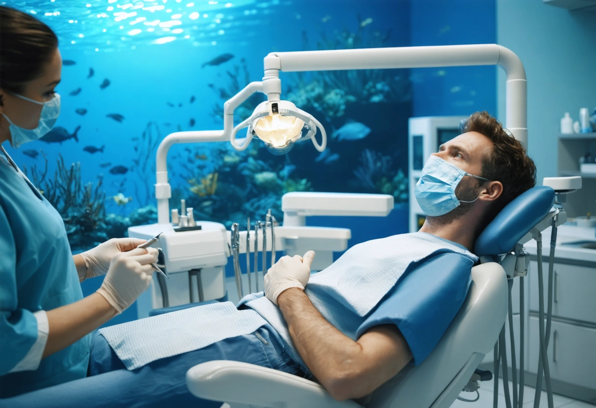 Gentle dentist explaining procedure in serene, ocean-themed dental studio with relaxed patient.