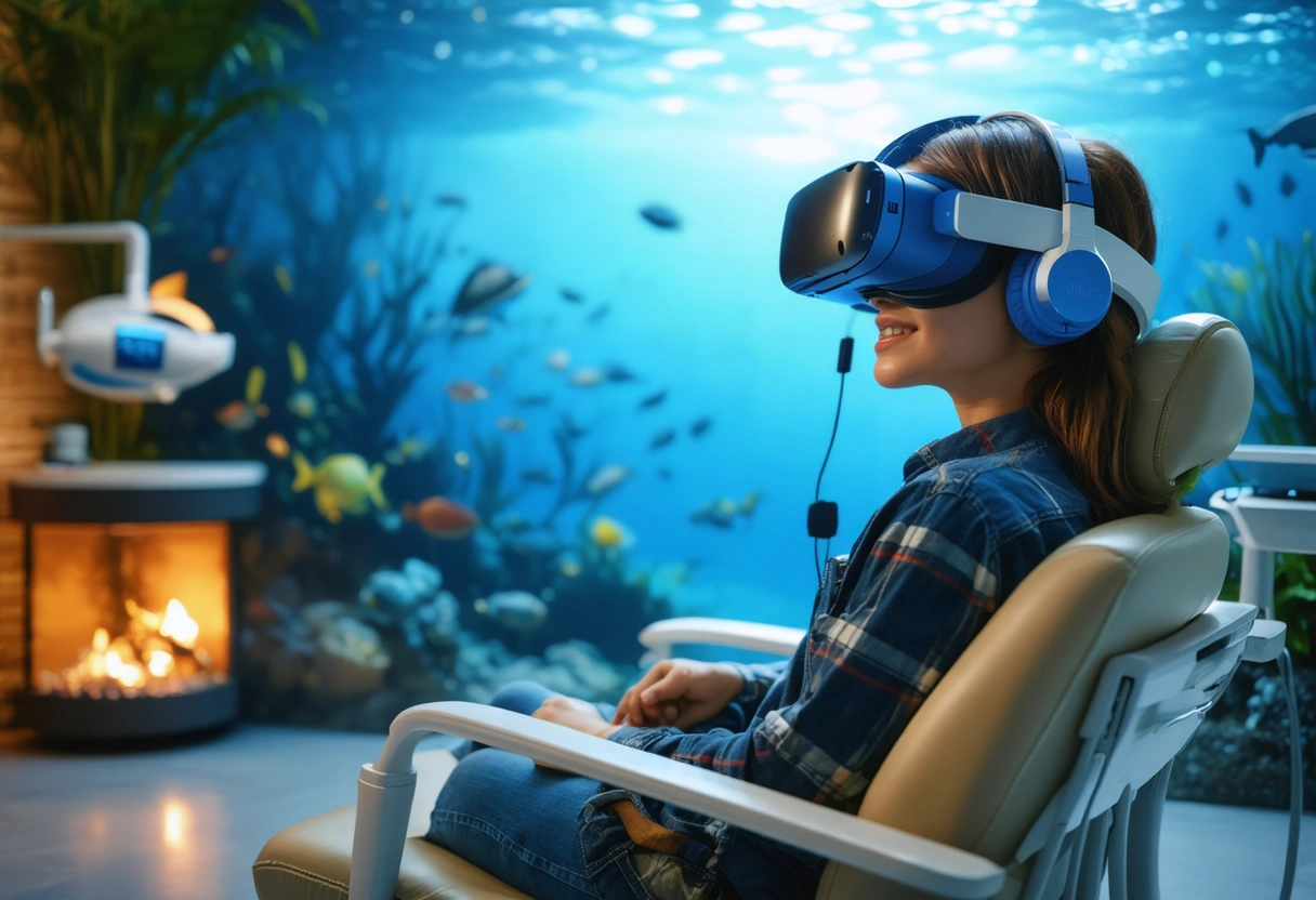 A tranquil dental waiting area with calming ocean-themed decor, a patient wearing VR headset, noise-canceling