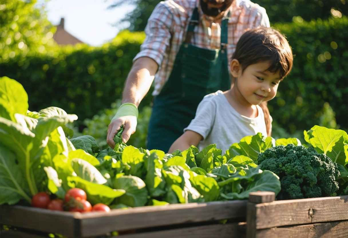 A vibrant garden scene with a family harvesting leafy greens like spinach and kale, symbolizing