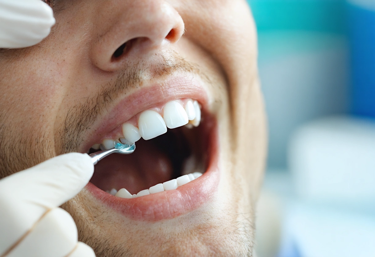 Dentist applying tooth-colored resin in modern clinic for dental bonding procedure.