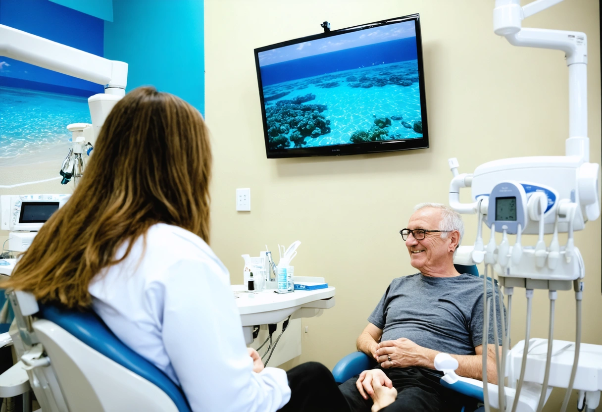 Patient discussing treatment options with dentist in serene, ocean-themed office