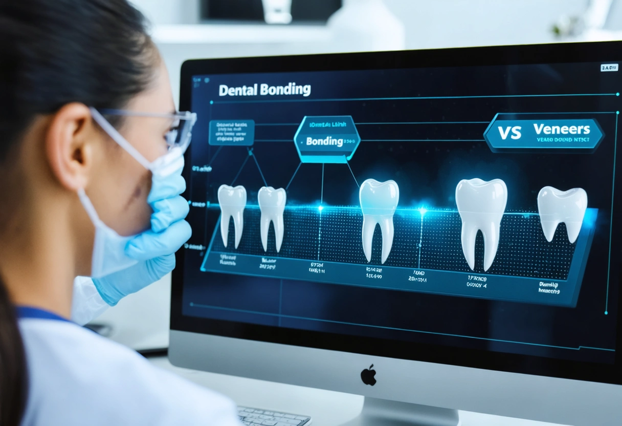 Digital timeline comparing bonding and veneers durability, dentist explaining