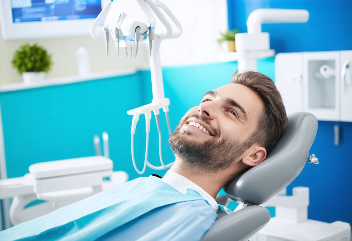 Patient relaxing during procedure, dentist ensuring comfort in ocean-themed clinic