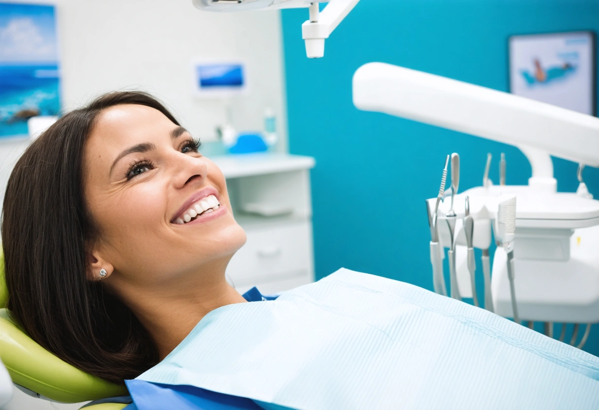 Patient smiling post-bonding, dentist explaining in ocean-themed dental clinic