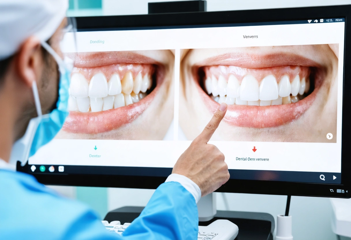 Dentist explaining bonding vs veneers on screen to patient