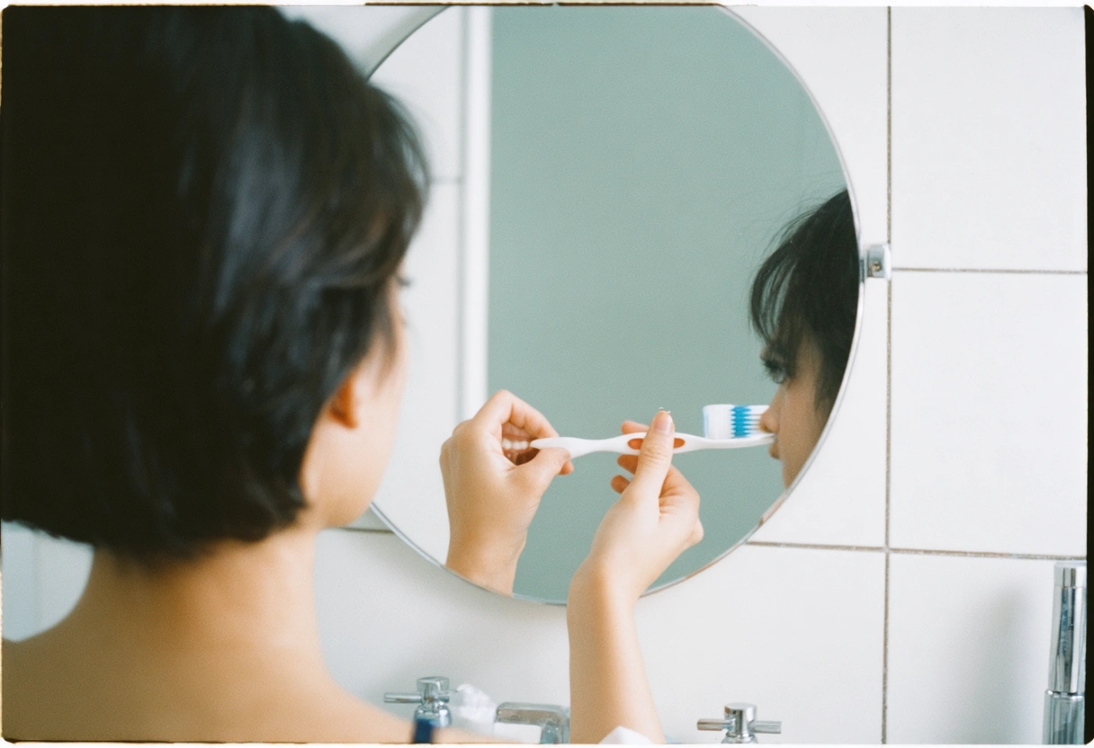 A bathroom mirror reflection showing a person brushing teeth gently with a soft-bristled brush, emphasizing