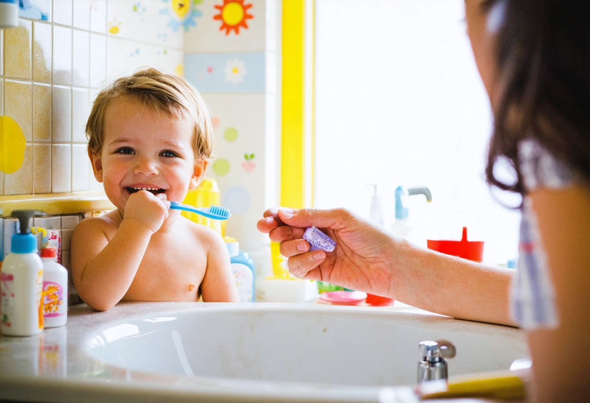 A bright, cheerful bathroom where a parent supervises a child brushing teeth with a small