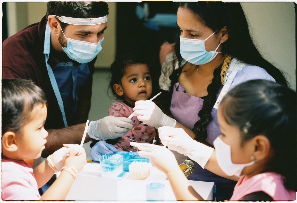 Dentist educating children about oral health at community event