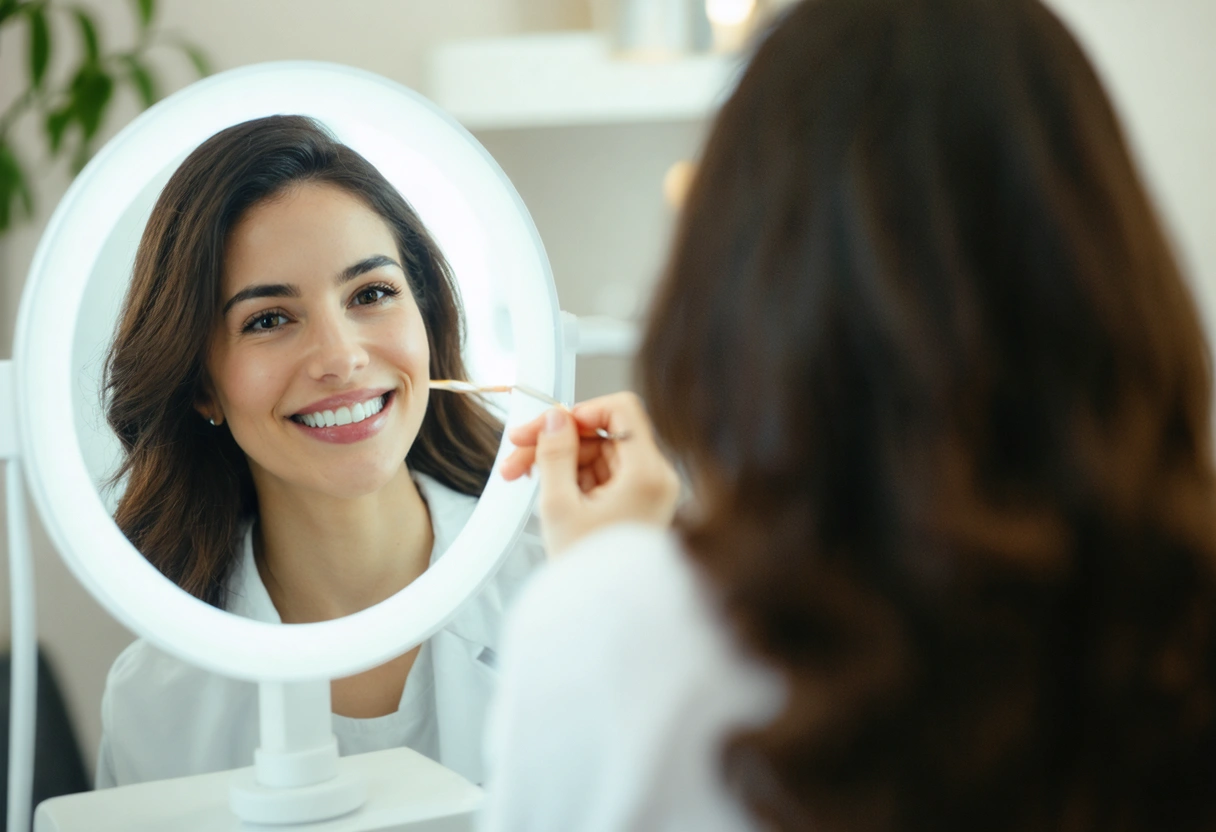 Patient admiring new smile in elegantly decorated dentist's office