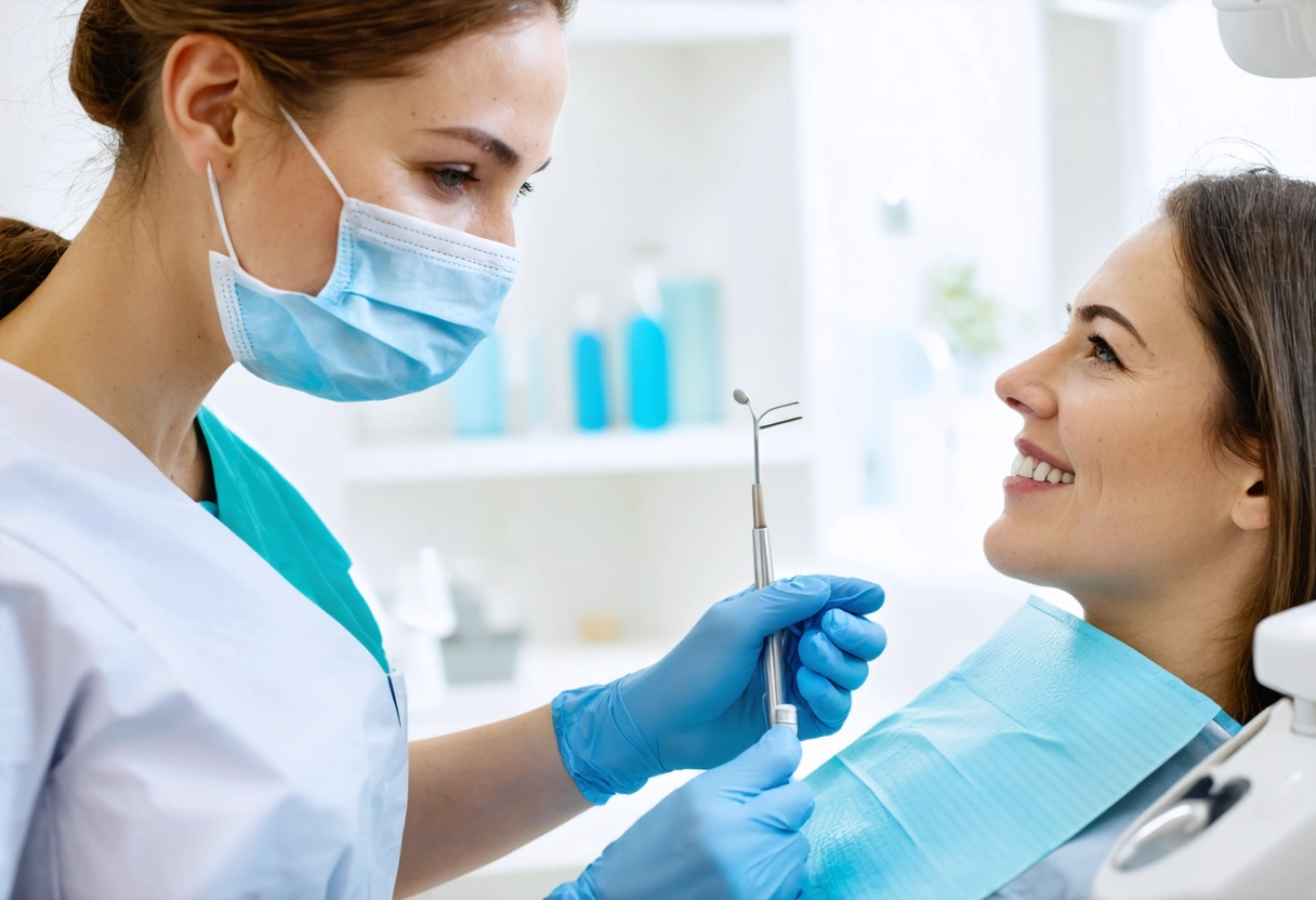 A dental hygienist providing aftercare instructions to a patient. The room is bright and clean,