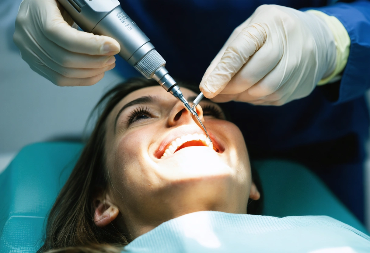 Dentist using air abrasion technology on relaxed patient