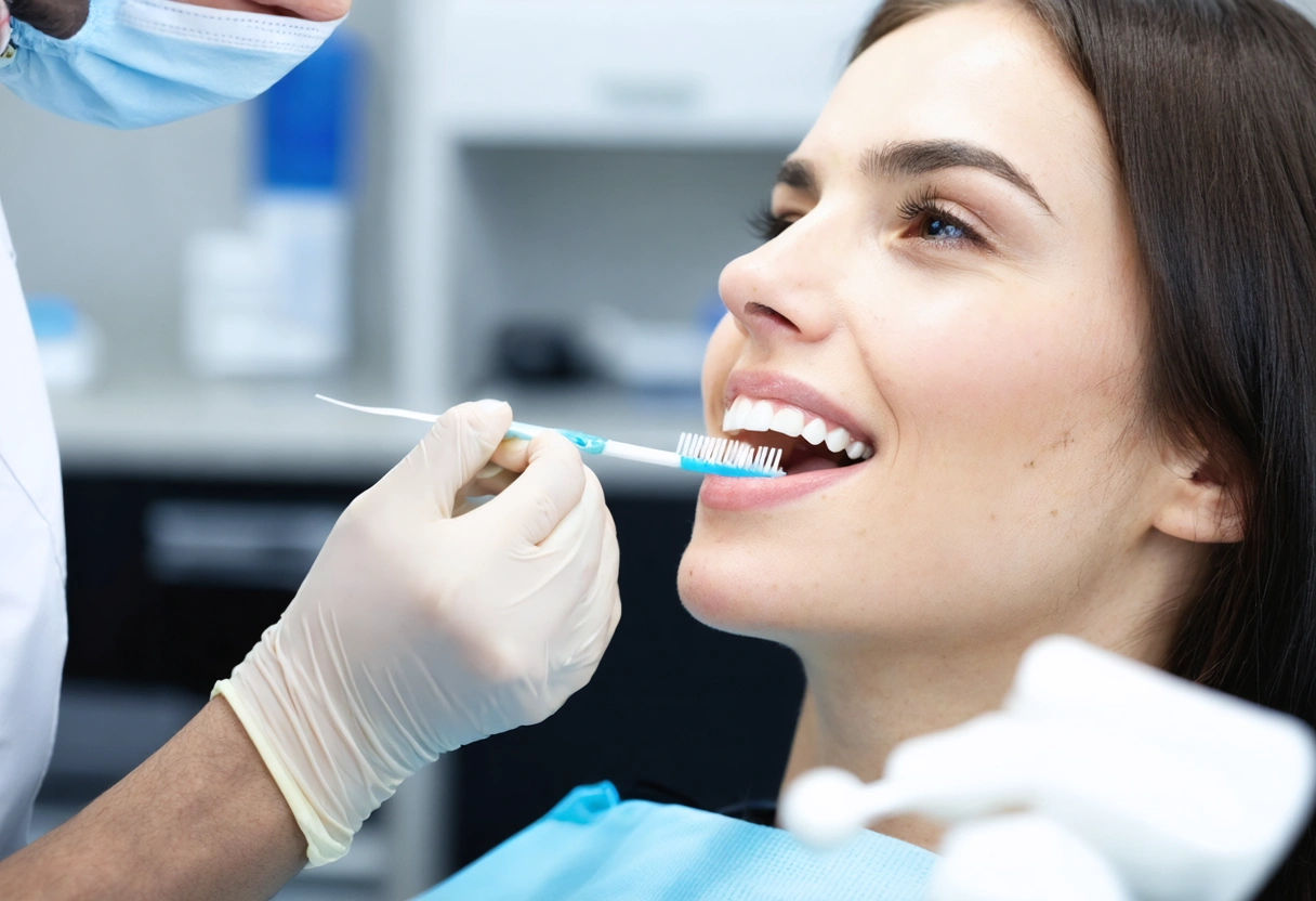 A dental professional demonstrating proper flossing technique to a patient in a bright, welcoming dental