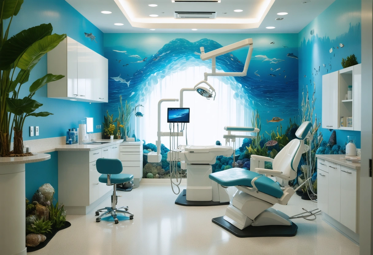 A dental studio designed like a sanctuary, blending ocean-inspired decor with advanced technology. Patients experience