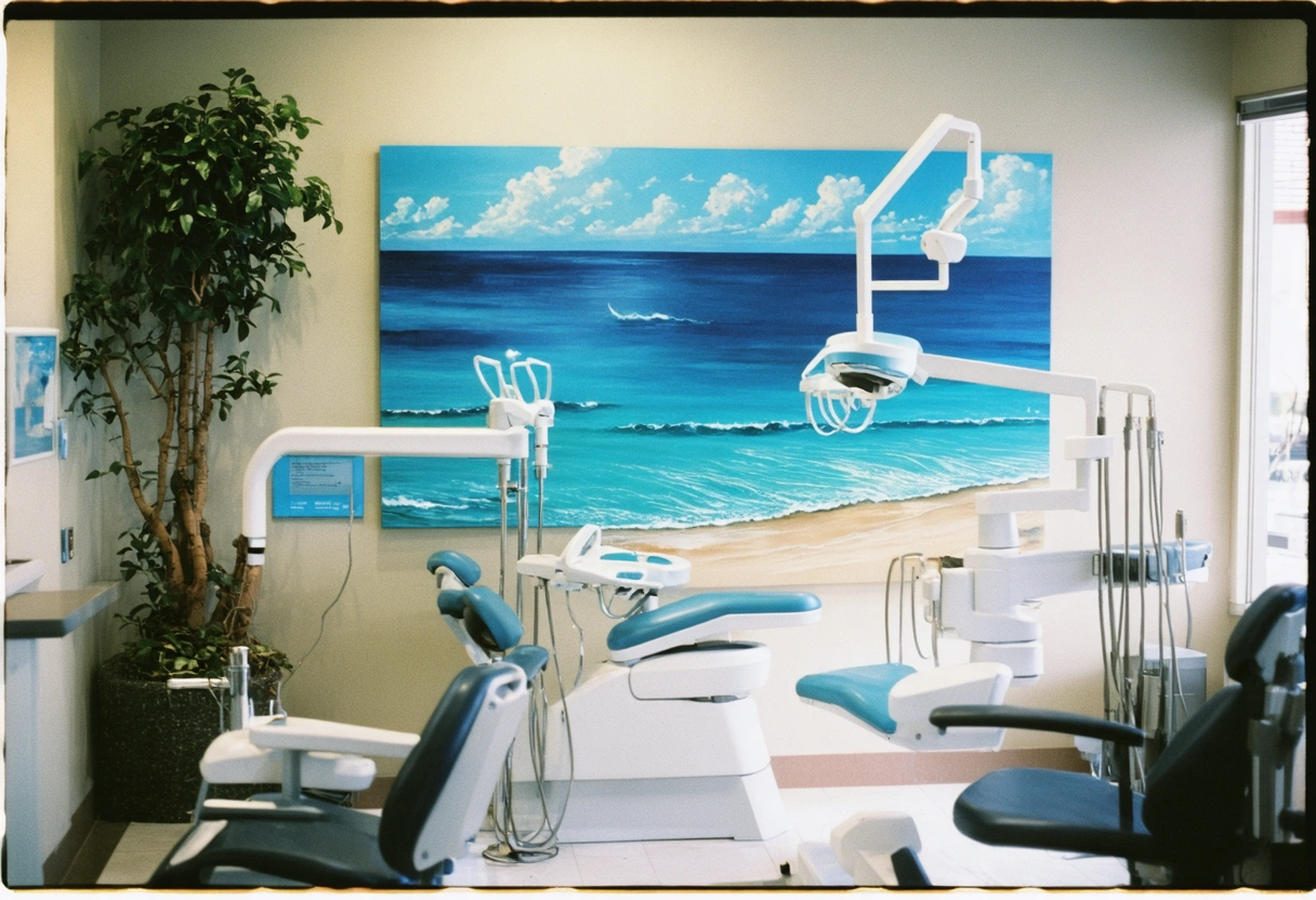 A dental studio featuring oceanic elements like water features, beach-themed artwork, and sea breeze scents.