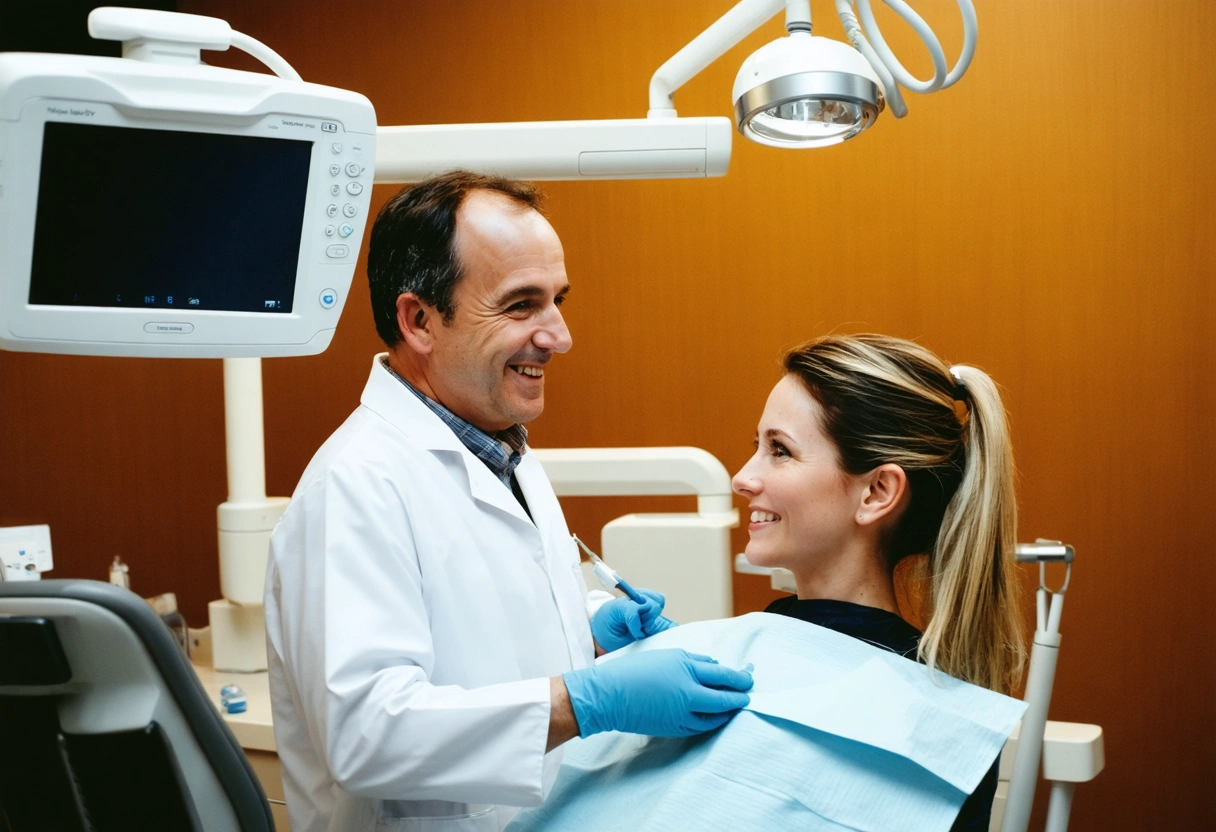 A dentist and patient in a consultation room. The dentist attentively listens, using advanced imaging