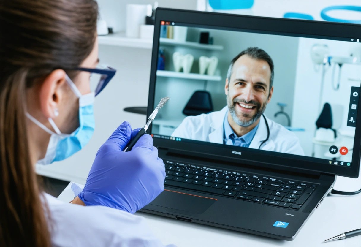 Dentist attending virtual seminar on laptop with dental tools