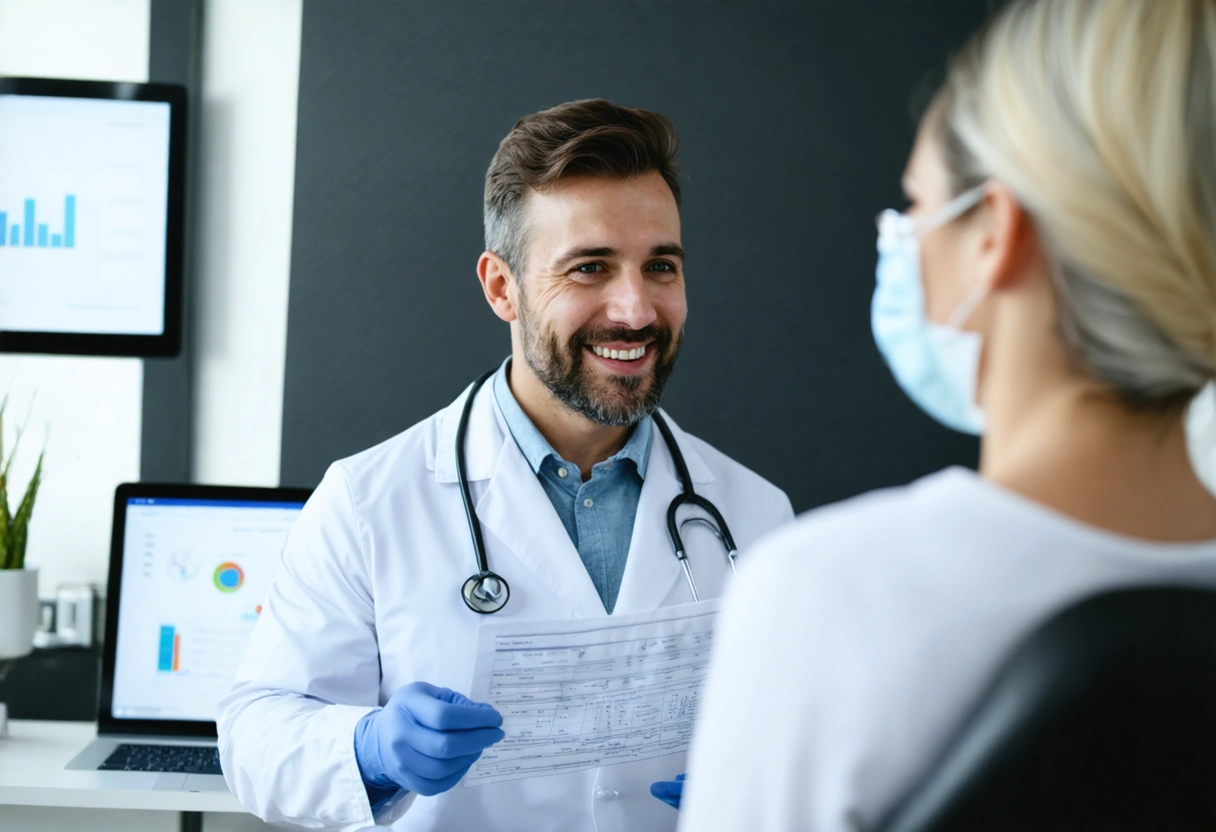 A dentist explaining a treatment plan to a patient in a consultation room. The setting