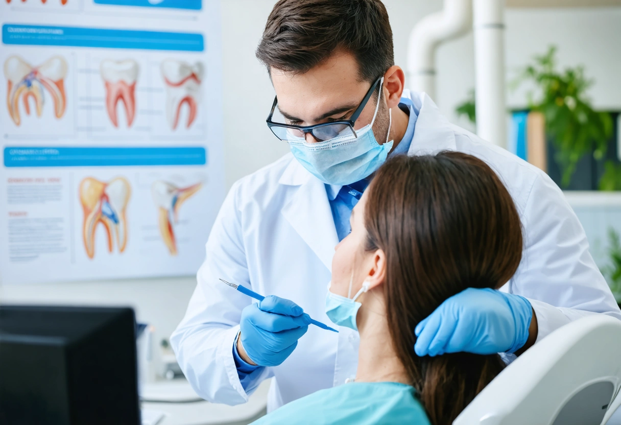 A dentist explaining the link between oral and heart health to a patient using a