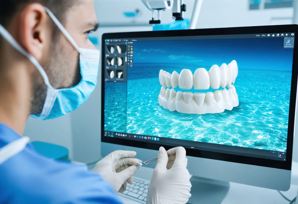 Dentist reviewing digital smile design in serene, ocean-themed clinic with natural lighting.