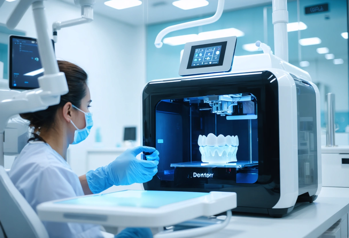 Dentist using 3D printer for dental crown, patient watching