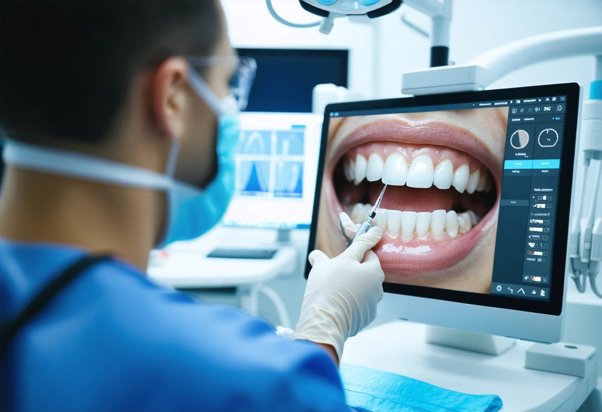 A dentist using an intraoral camera to show a patient real-time images of their teeth