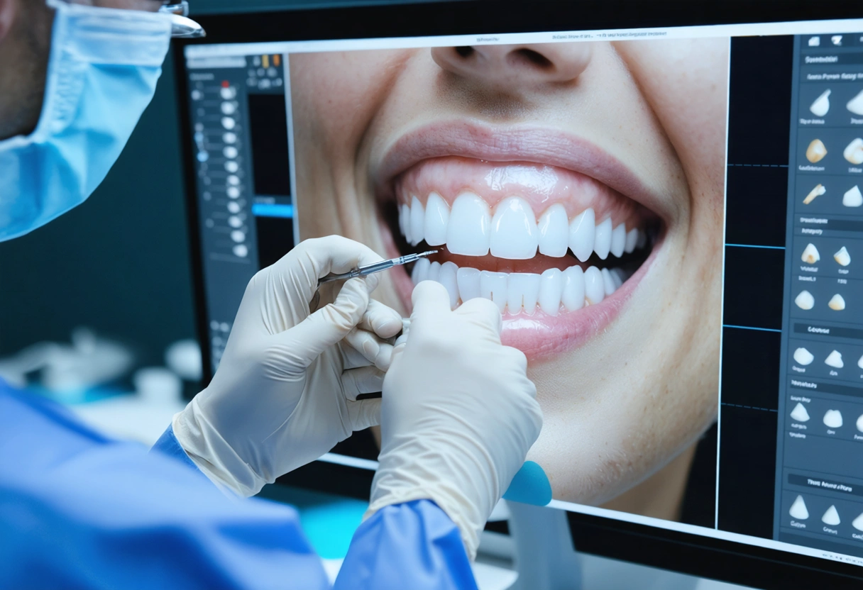 A dentist using digital tools to design a patient's smile. The screen displays a detailed