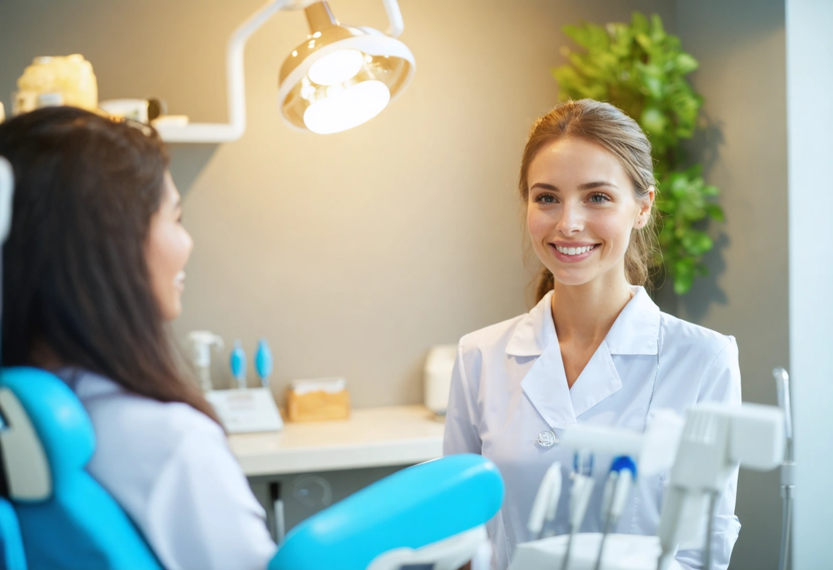 A friendly dental receptionist welcoming a patient with a warm smile in a cozy, inviting