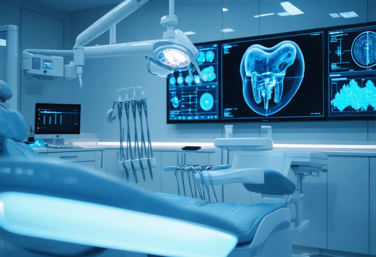 AI-assisted dentist in high-tech clinic with diagnostic screens